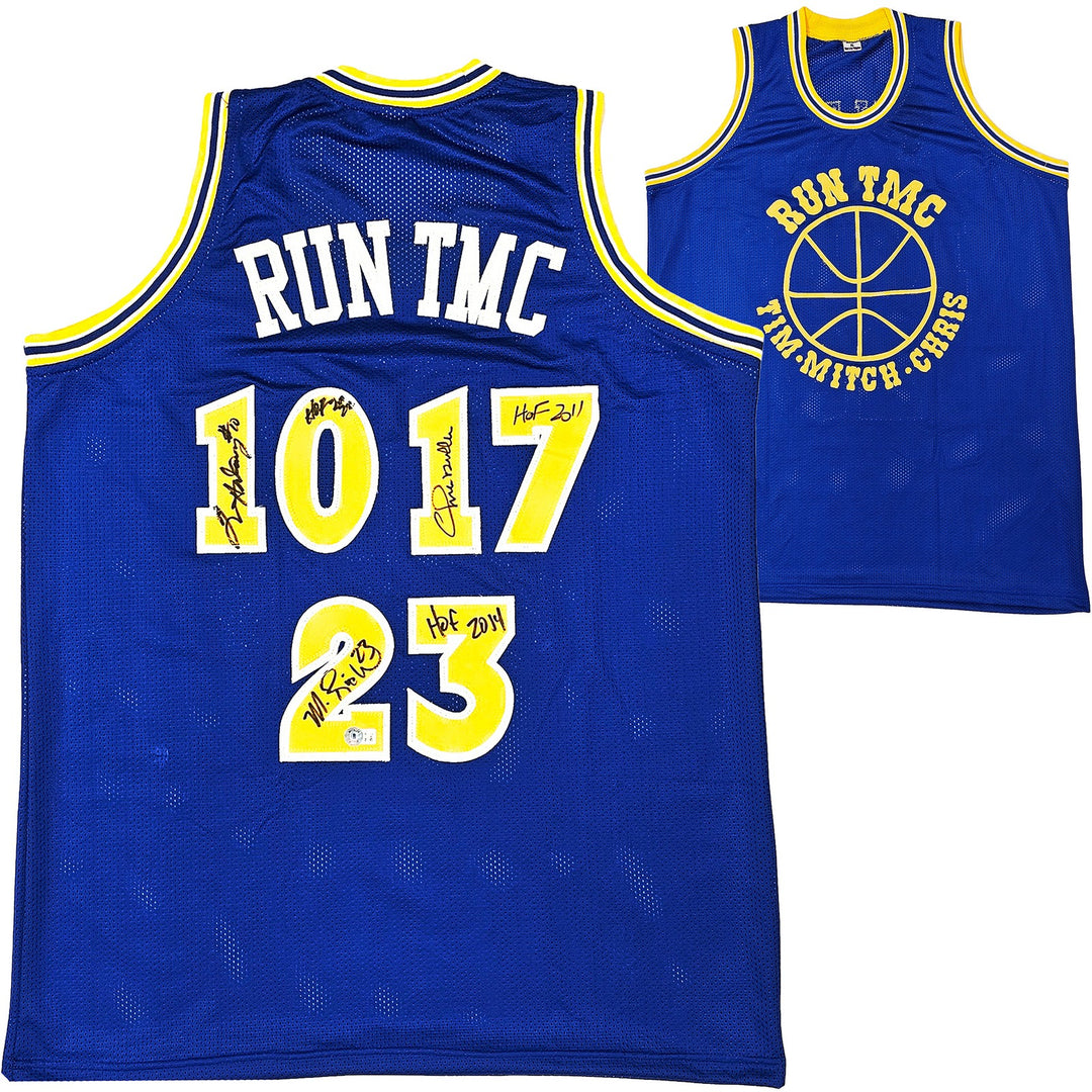 Warriors Chris Mullin, Tim Hardaway, Richmond Auto Blue Jersey Run TMC HOF BAS
