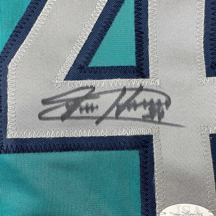Framed Autographed/Signed Felix Hernandez 35x39 Seattle Teal Jersey JSA COA