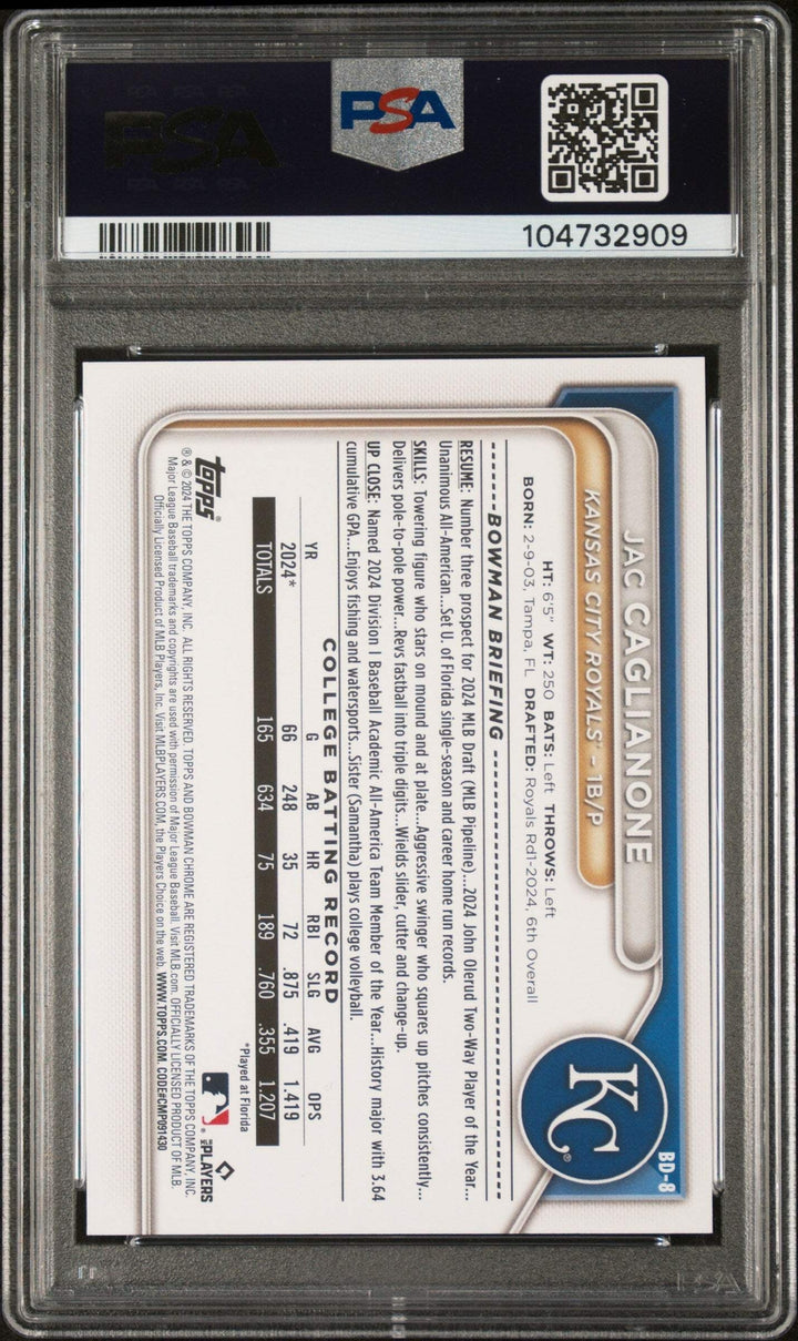 Graded 2024 Topps Bowman Draft Jac Caglianone #BD8 Rookie Baseball Card PSA 10