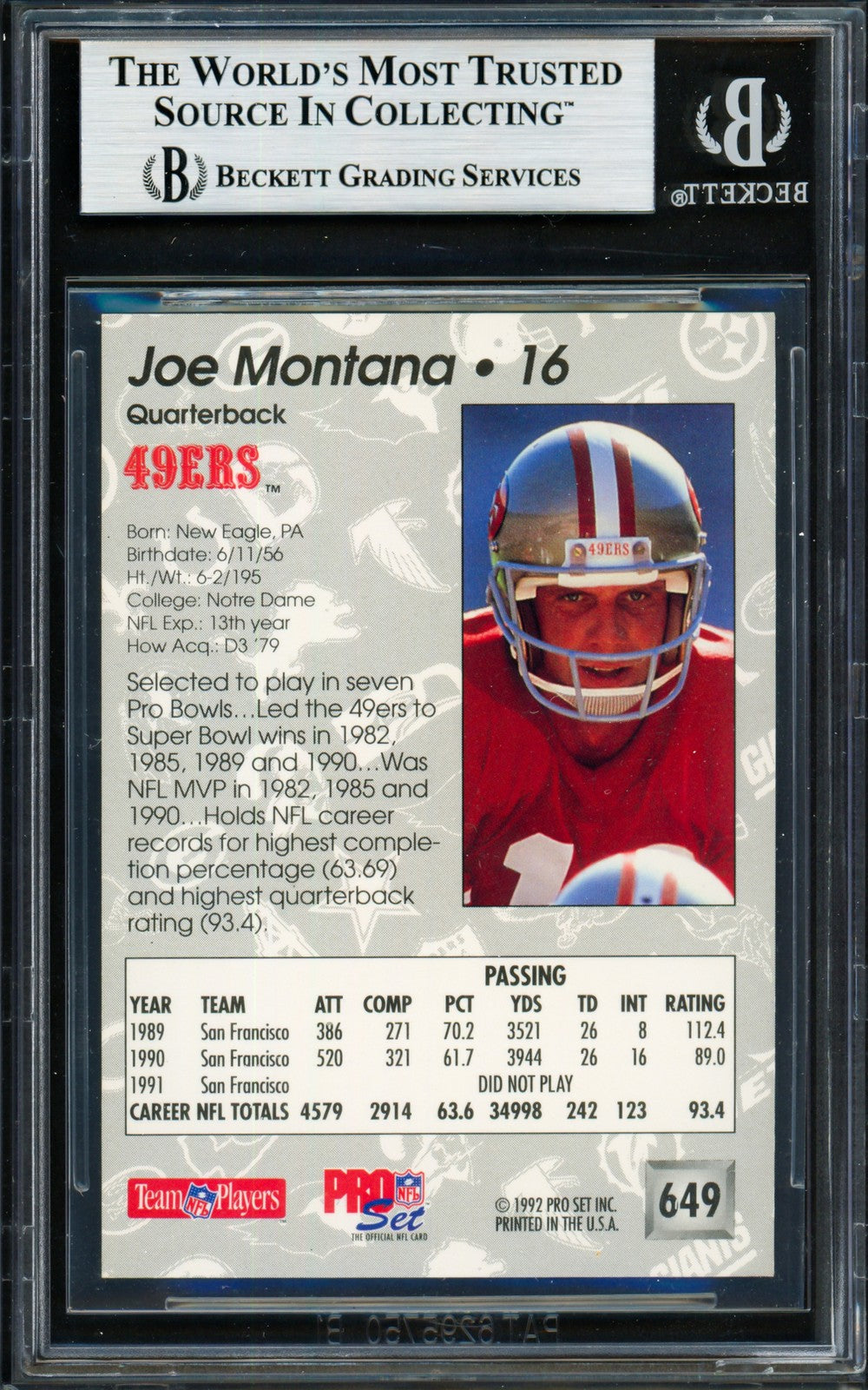 Joe Montana Signed 1992 Pro Set Card 649 San Francisco 49ers Beckett