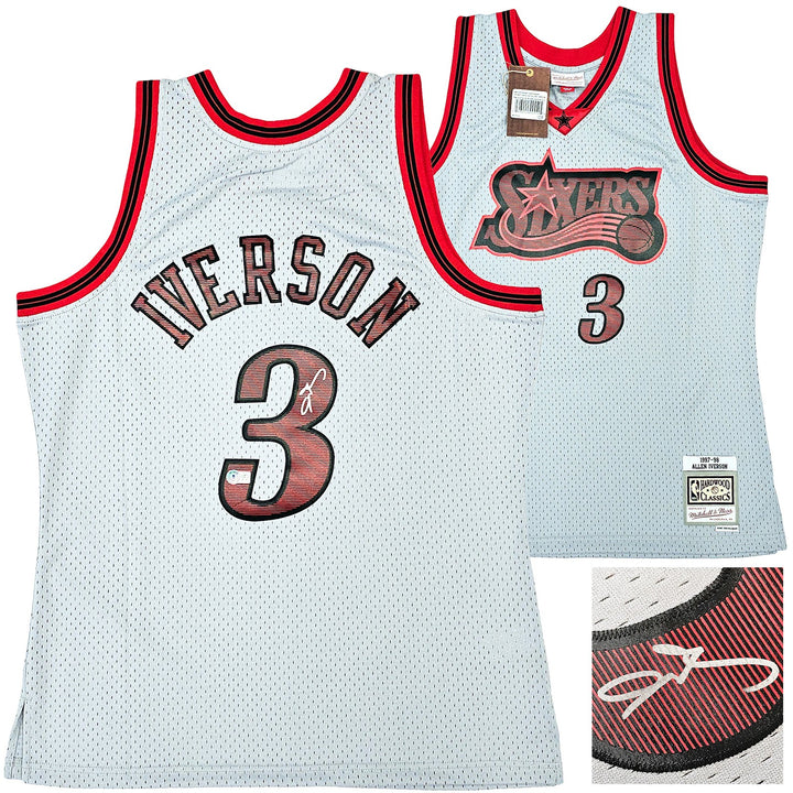 76ers Allen Iverson Auto Grey Auth Mitchell Ness 97-98 HWC Swingman Jersey L BAS