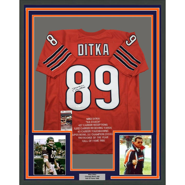 Framed Signed Mike Ditka 35x39 Chicago Orange Stat Jersey JSA COA