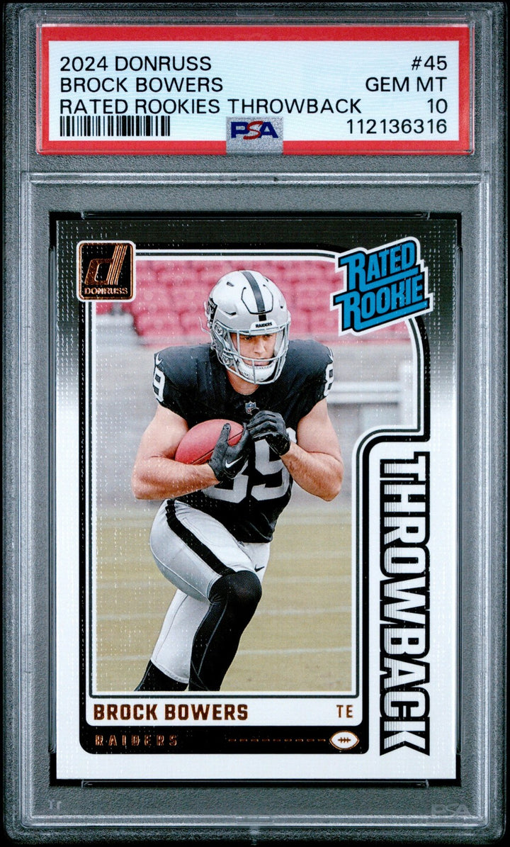 Graded 2024 Donruss Brock Bowers #45 Rated Rookies Throwback RC Card PSA 10