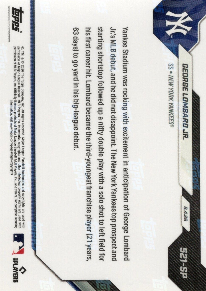 2026 Topps Now George Lombard Jr #521SP New York Yankees RC Baseball Card
