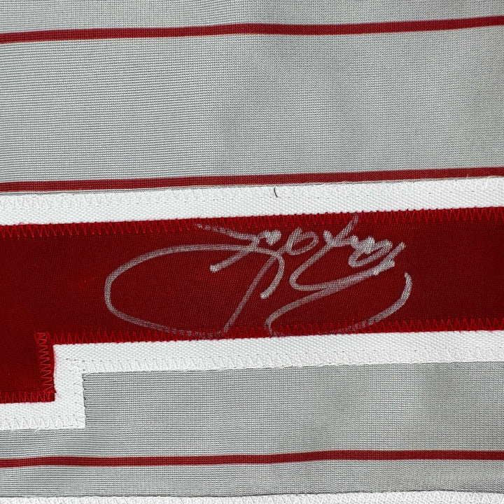 Autographed/Signed Barry Larkin Cincinnati Grey Pinstripe Jersey Becket