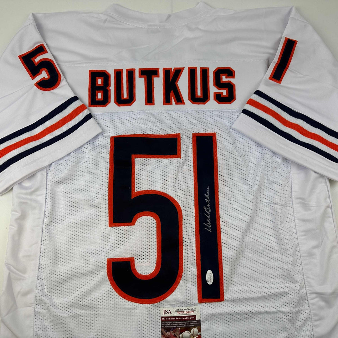 Autographed/Signed DICK BUTKUS Chicago White Football Jersey JSA COA Auto