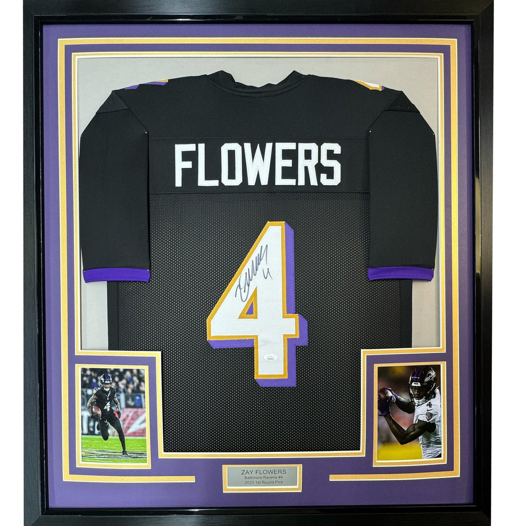 Framed Autographed/Signed Zay Flowers 35x39 Baltimore Black Jersey JSA COA