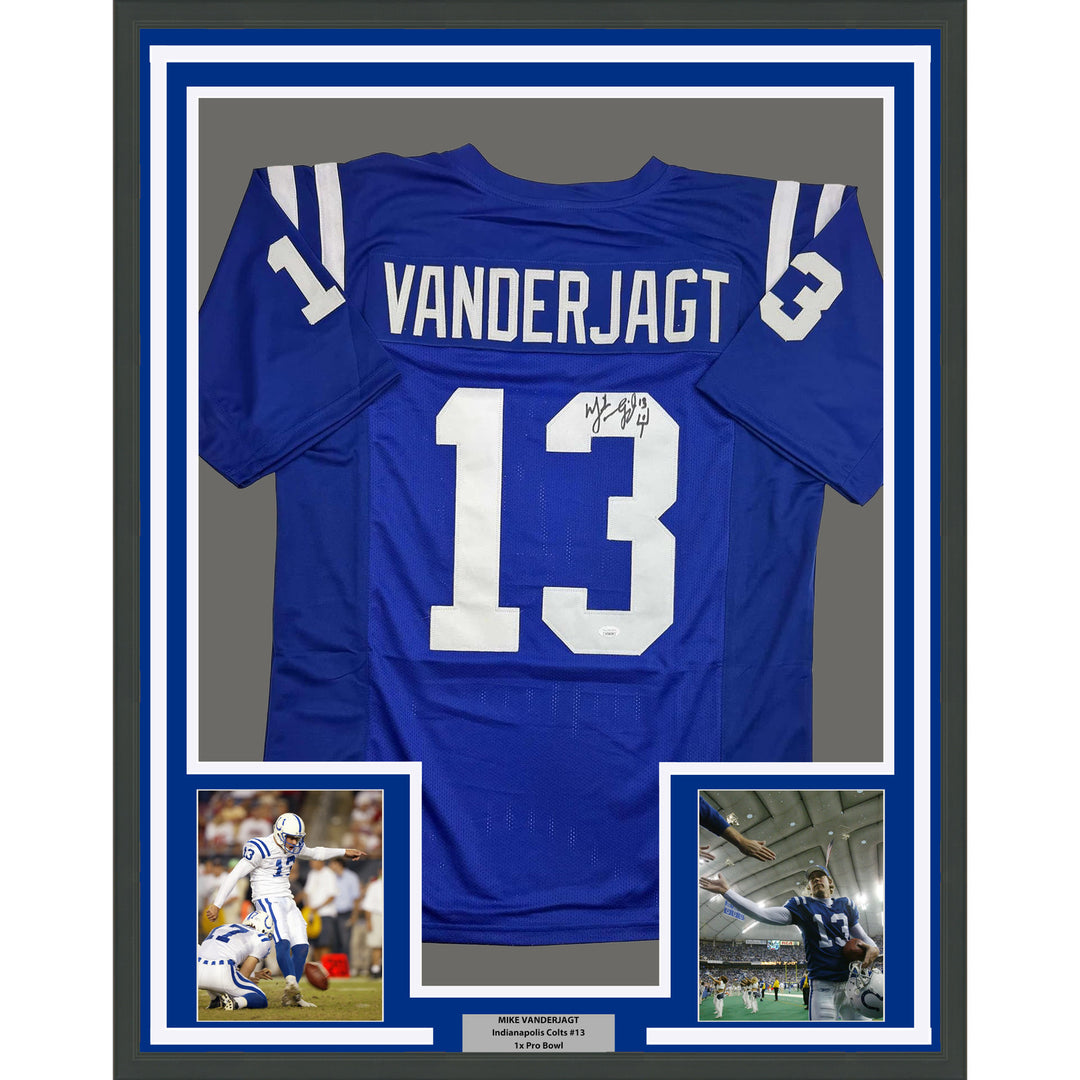 Framed Autographed/Signed Mike Vanderjagt 35x39 Dallas Blue Jersey JSA COA