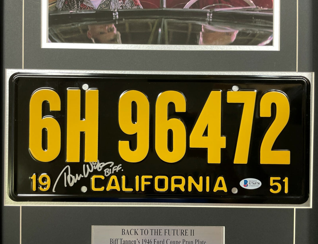 Back to the Future Signed Biff Tom F. Wilson Movie Car License Plate Framed BAS