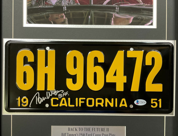 Back to the Future Signed Biff Tom F. Wilson Movie Car License Plate Framed BAS