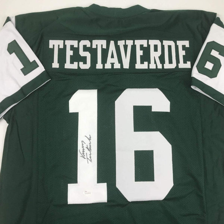 Autographed/Signed VINNY TESTAVERDE New York Green Jersey JSA COA Auto