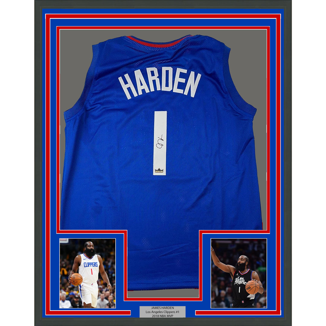 Framed Facsimile Autographed James Harden 35x39 Los Angeles Blue Reprint Jersey