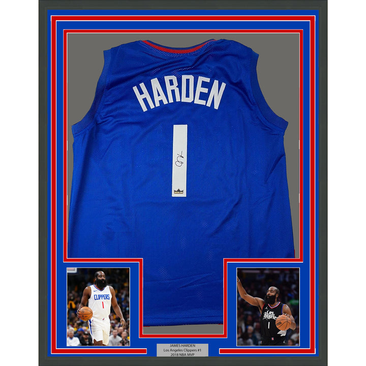 Framed Facsimile Autographed James Harden 35x39 Los Angeles Blue Reprint Jersey