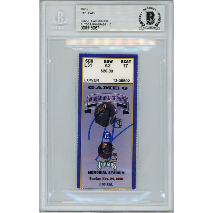 Ray Lewis Autographed Baltimore Ravens 11/24/96 Ticket Stub Beckett 47588