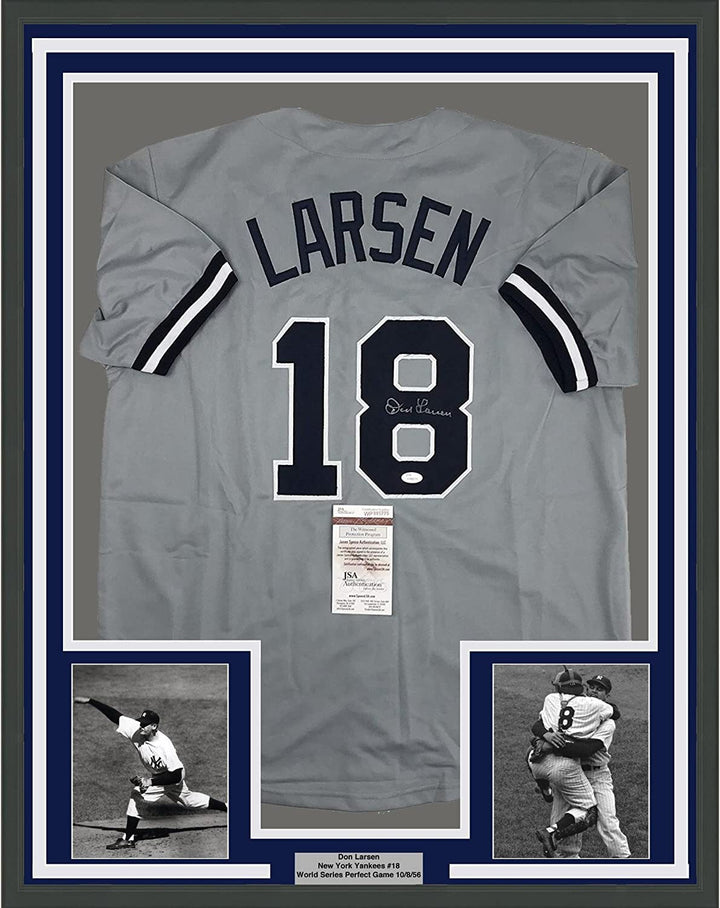 FRAMED Autographed/Signed DON LARSEN 33x42 New York Grey Baseball Jersey JSA COA
