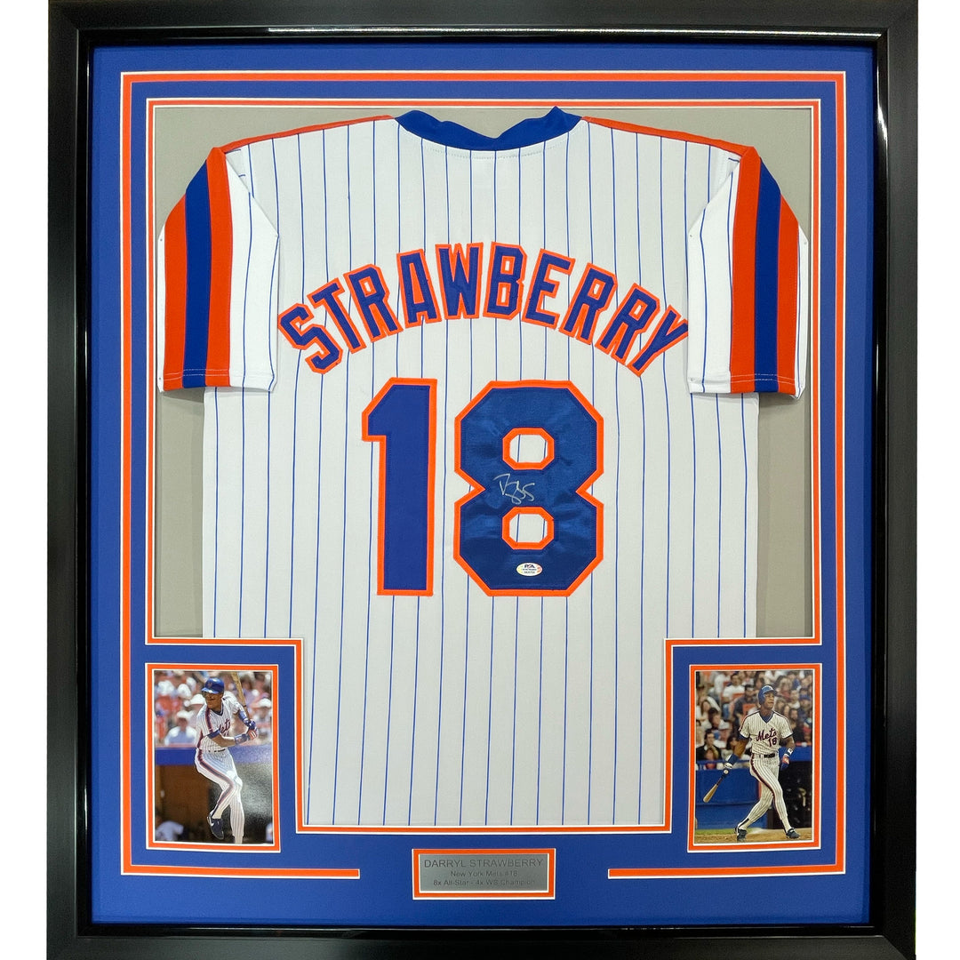 FRAMED Autographed/Signed DARRYL STRAWBERRY 33x42 NY Pinstripe Jersey PSA COA