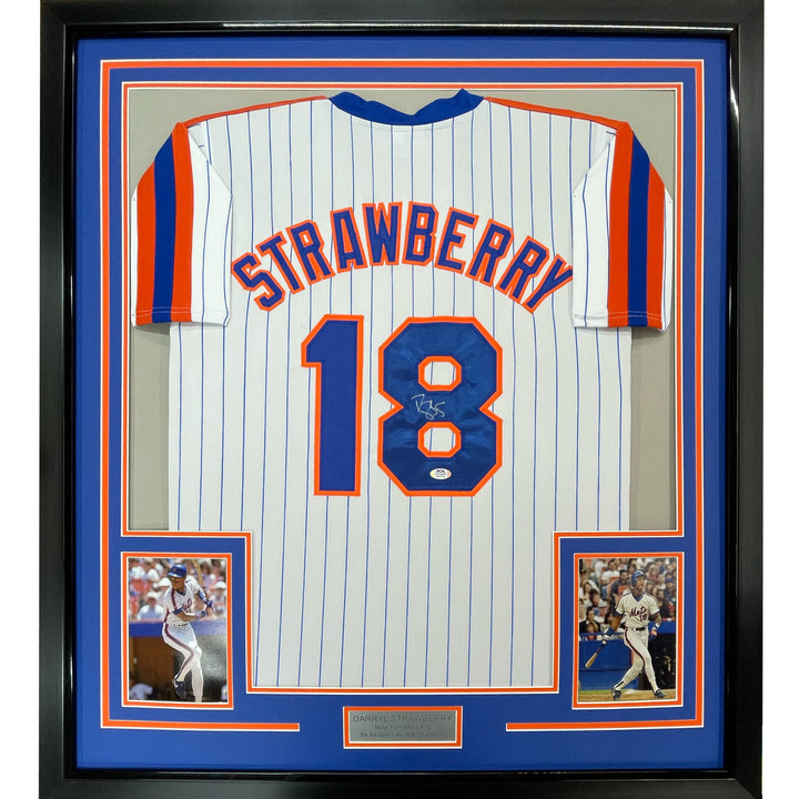 FRAMED Autographed/Signed DARRYL STRAWBERRY 33x42 NY Pinstripe Jersey PSA COA