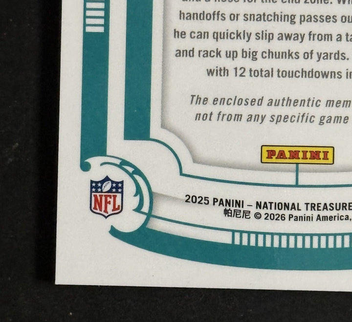 2025 National Treasures Platinum NFL SHIELD Patch 1/1 De’von Achane Dolphins MT