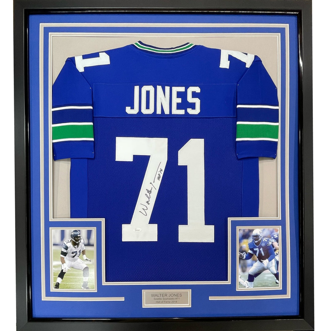 FRAMED Signed WALTER JONES HOF 14 35x39 Seattle Blue Jersey JSA COA