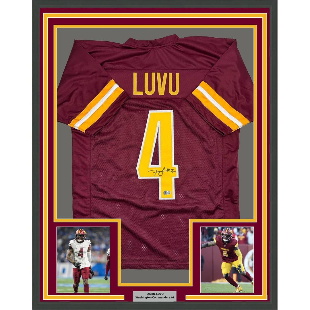 Framed Autographed/Signed Frankie Luvu 35x38 Washington Jersey Beckett COA