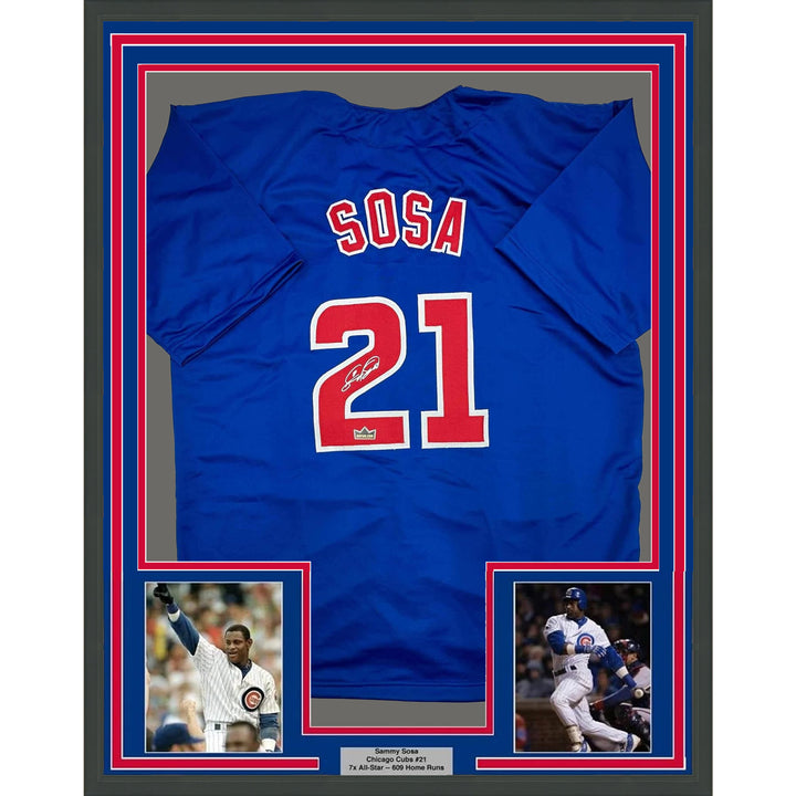 Framed Facsimile Autographed Sammy Sosa 35x39 Chicago Blue Reprint Jersey