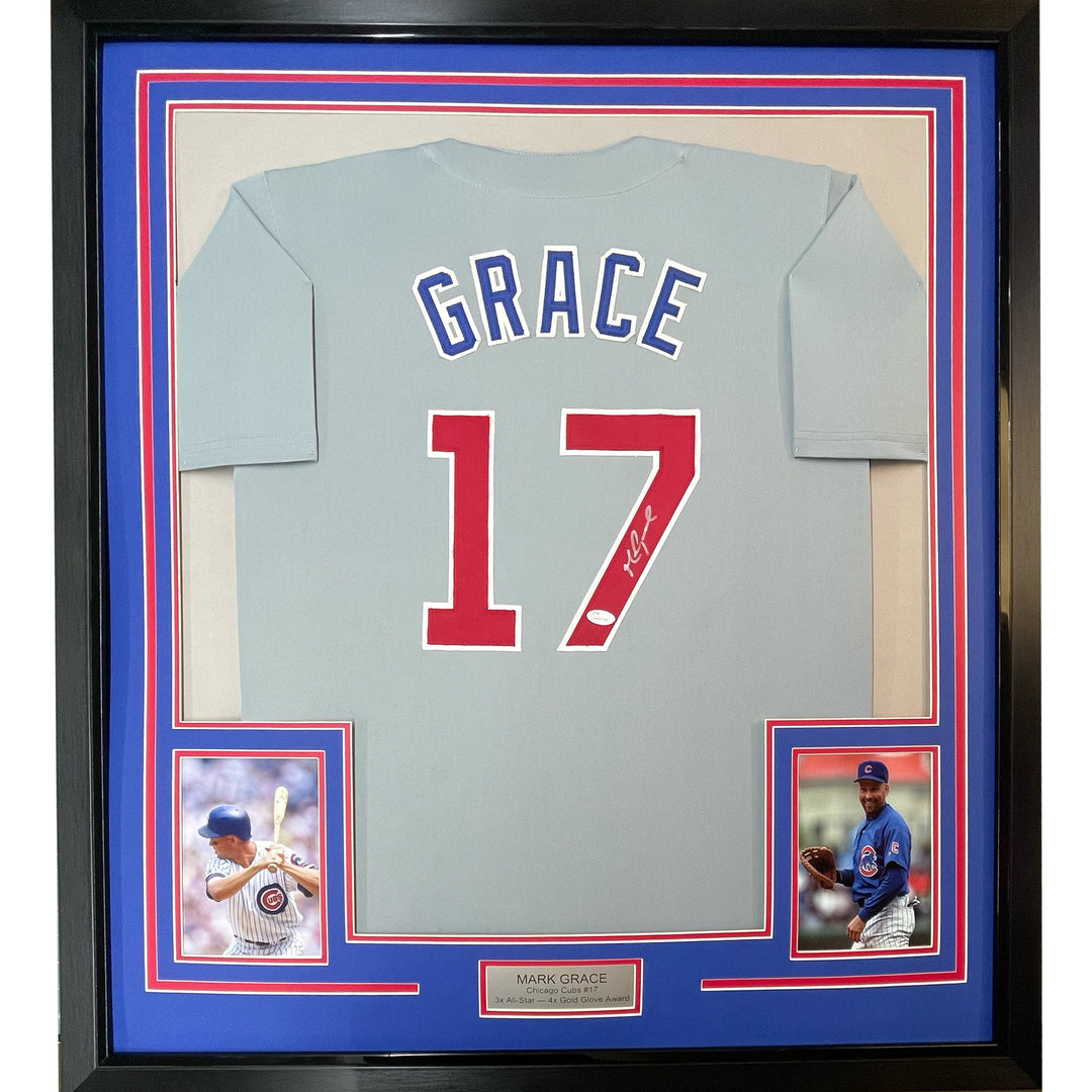 FRAMED Autographed/Signed MARK GRACE 33x42 Chicago Grey Baseball Jersey JSA COA