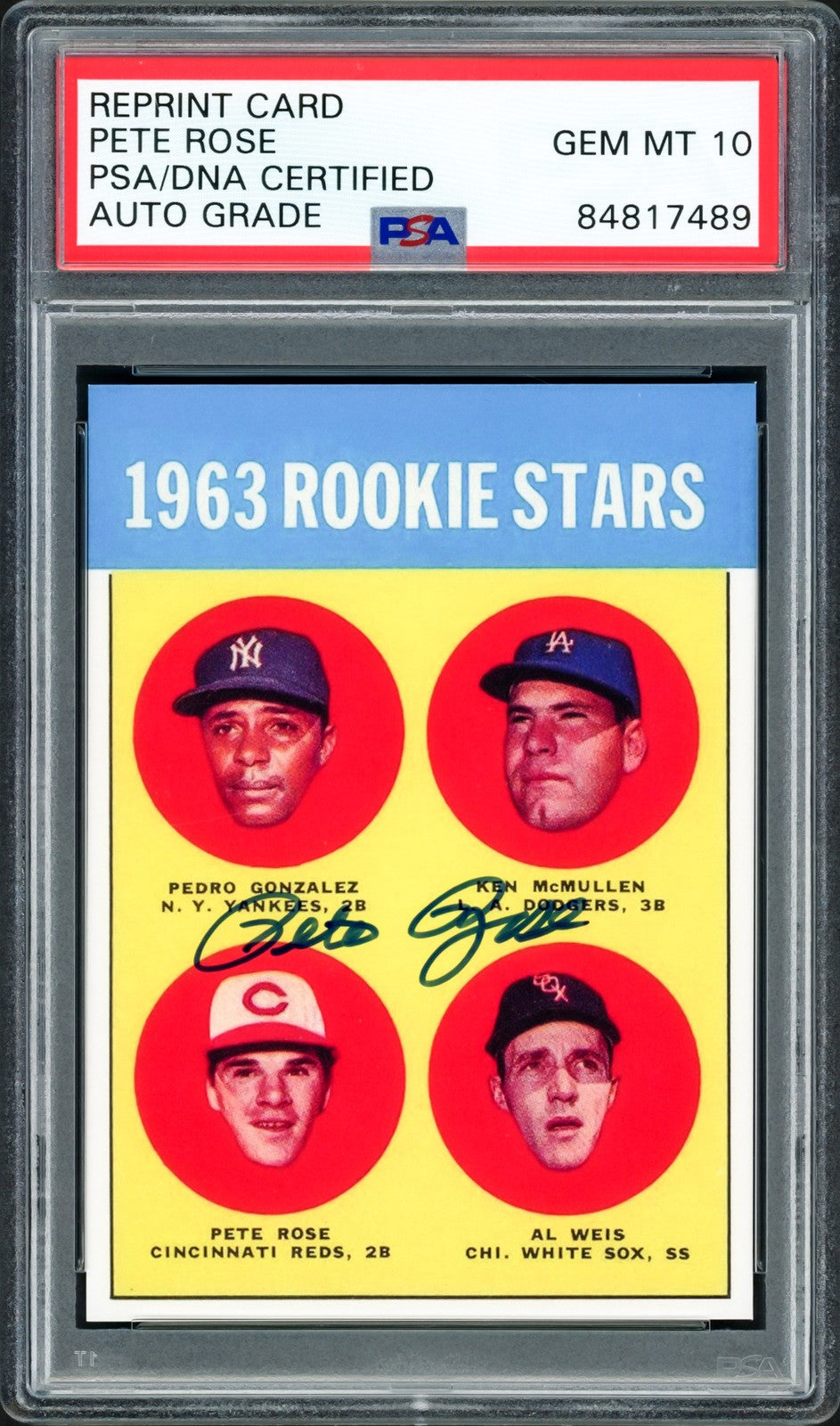 Pete Rose Signed 1963 Topps RC Retro RP Card #537 Reds Sig GM 10 PSA/DNA