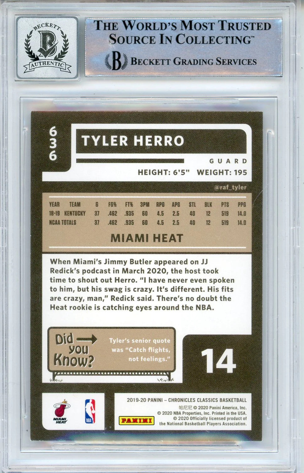 Tyler Herro Autographed 2019-20 Panini Chronicles Classics Rookie Card #636 (BGS