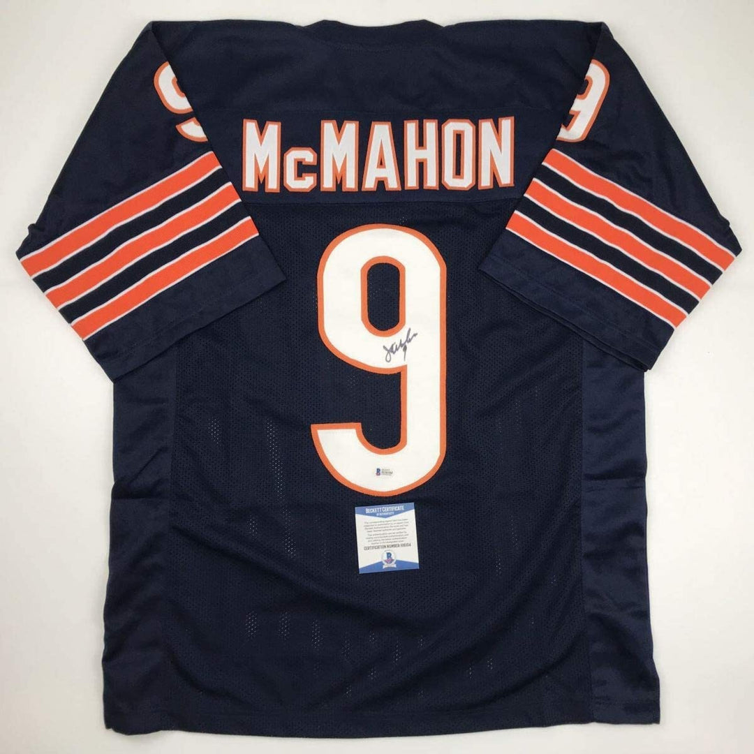 Autographed/Signed JIM MCMAHON Chicago Blue Football Jersey Beckett BAS COA Auto