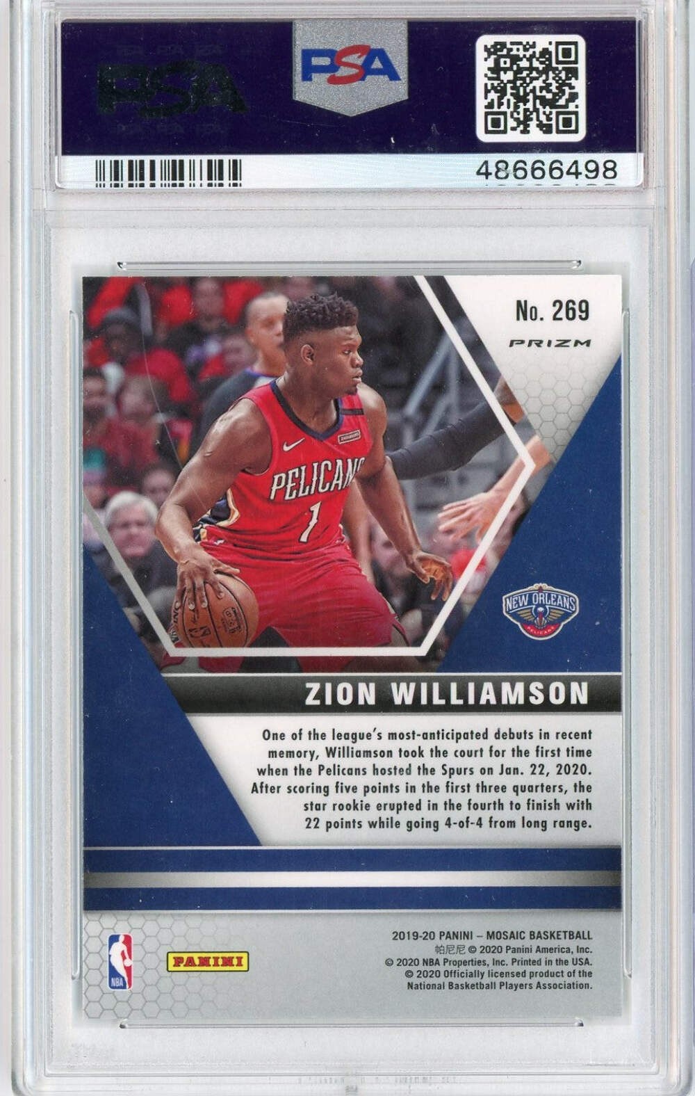 Graded 2019 Panini Mosaic Zion Williamson #269 Green Mosaic Rookie Card PSA 10