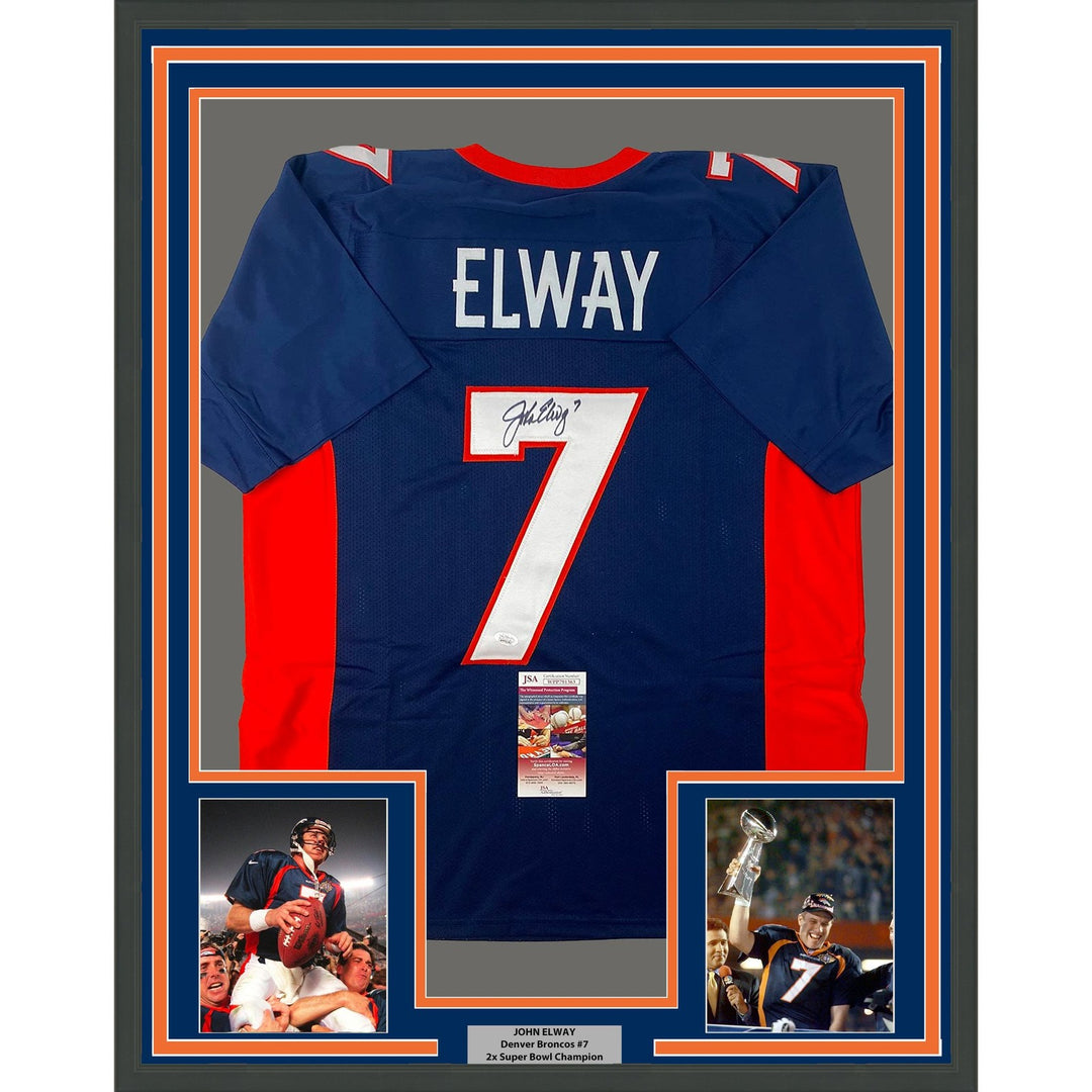 Framed Autographed/Signed John Elway 35x39 Denver Blue Jersey JSA COA