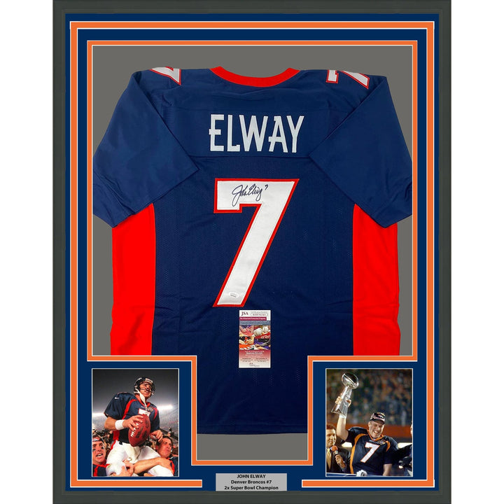 Framed Autographed/Signed John Elway 35x39 Denver Blue Jersey JSA COA