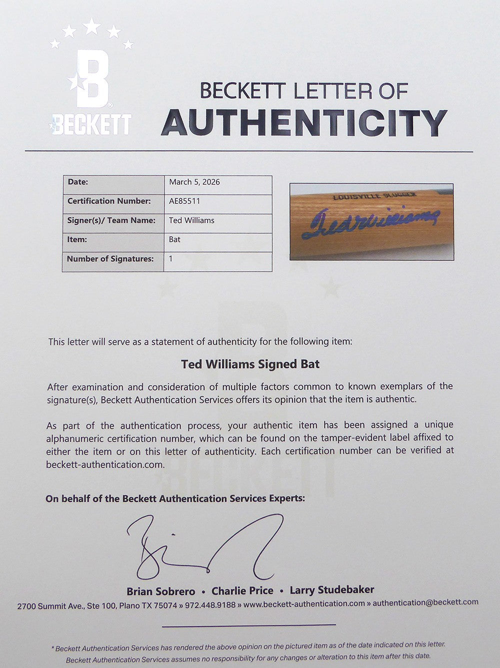 Ted Williams Signed L Slugger Game Model Bat Boston Red Sox Beckett #AE85511