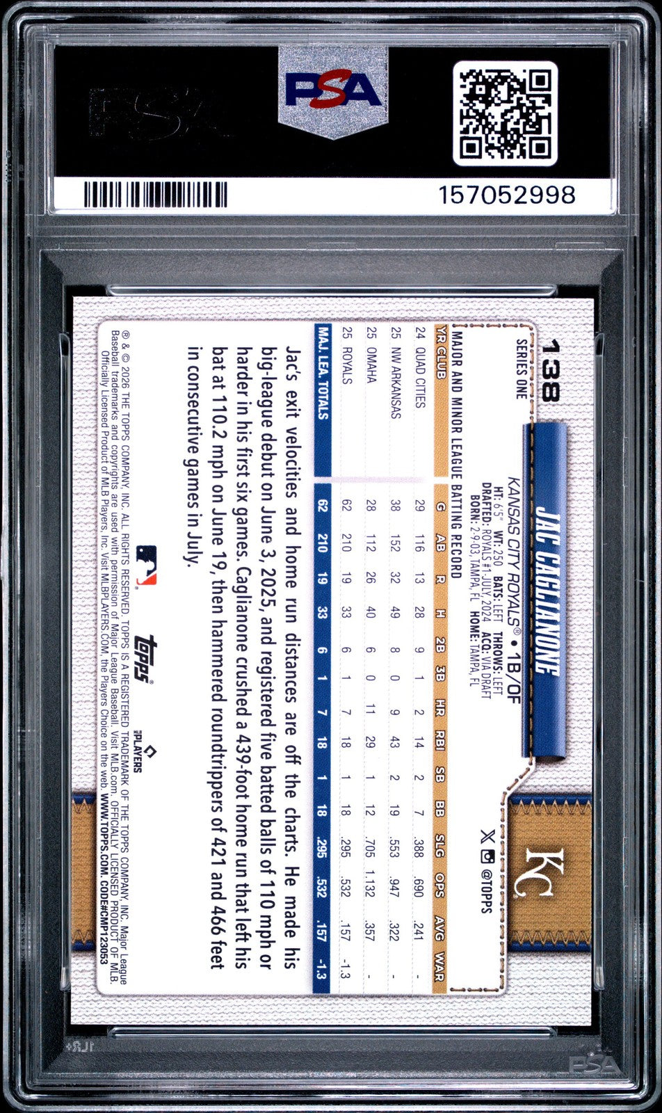 Graded 2026 Topps Jac Caglianone #138 Rookie RC Card PSA 10