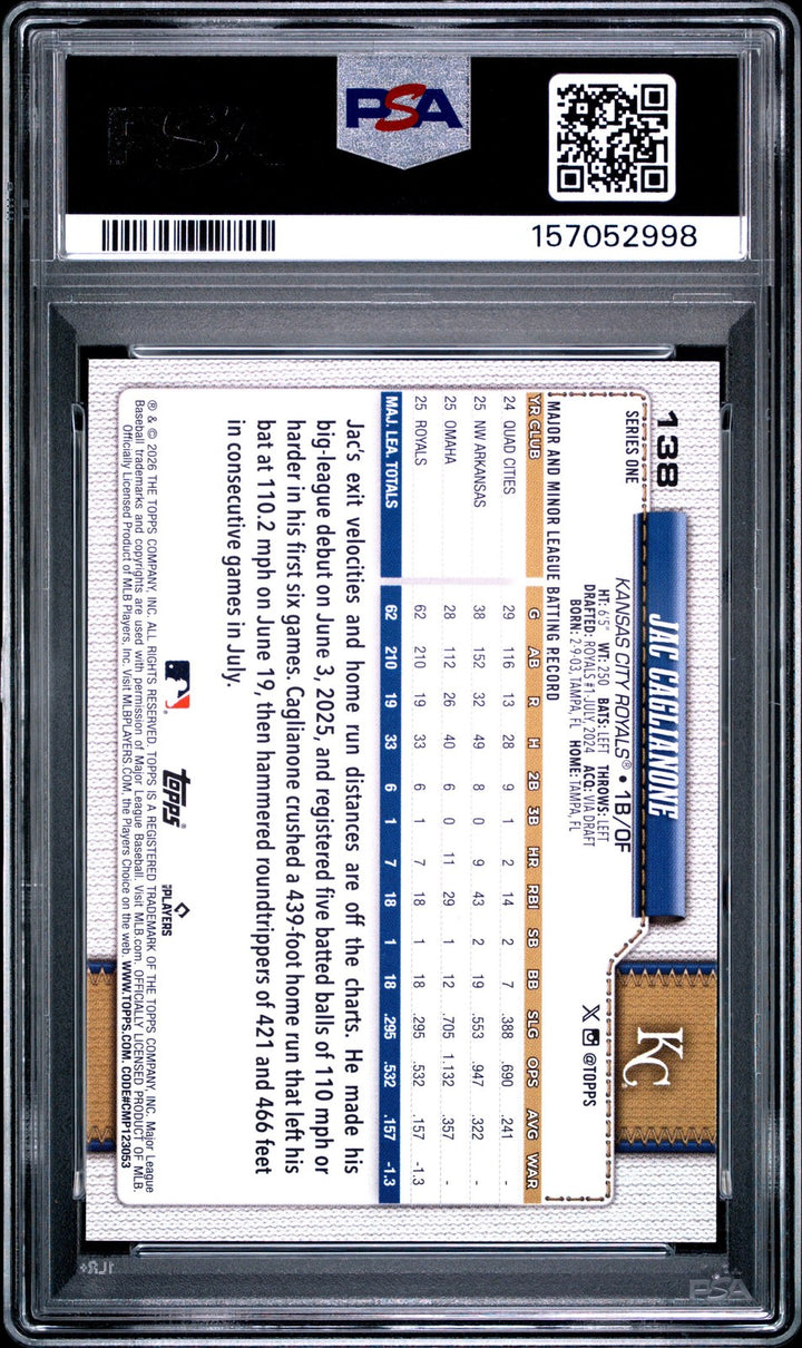 Graded 2026 Topps Jac Caglianone #138 Rookie RC Card PSA 10