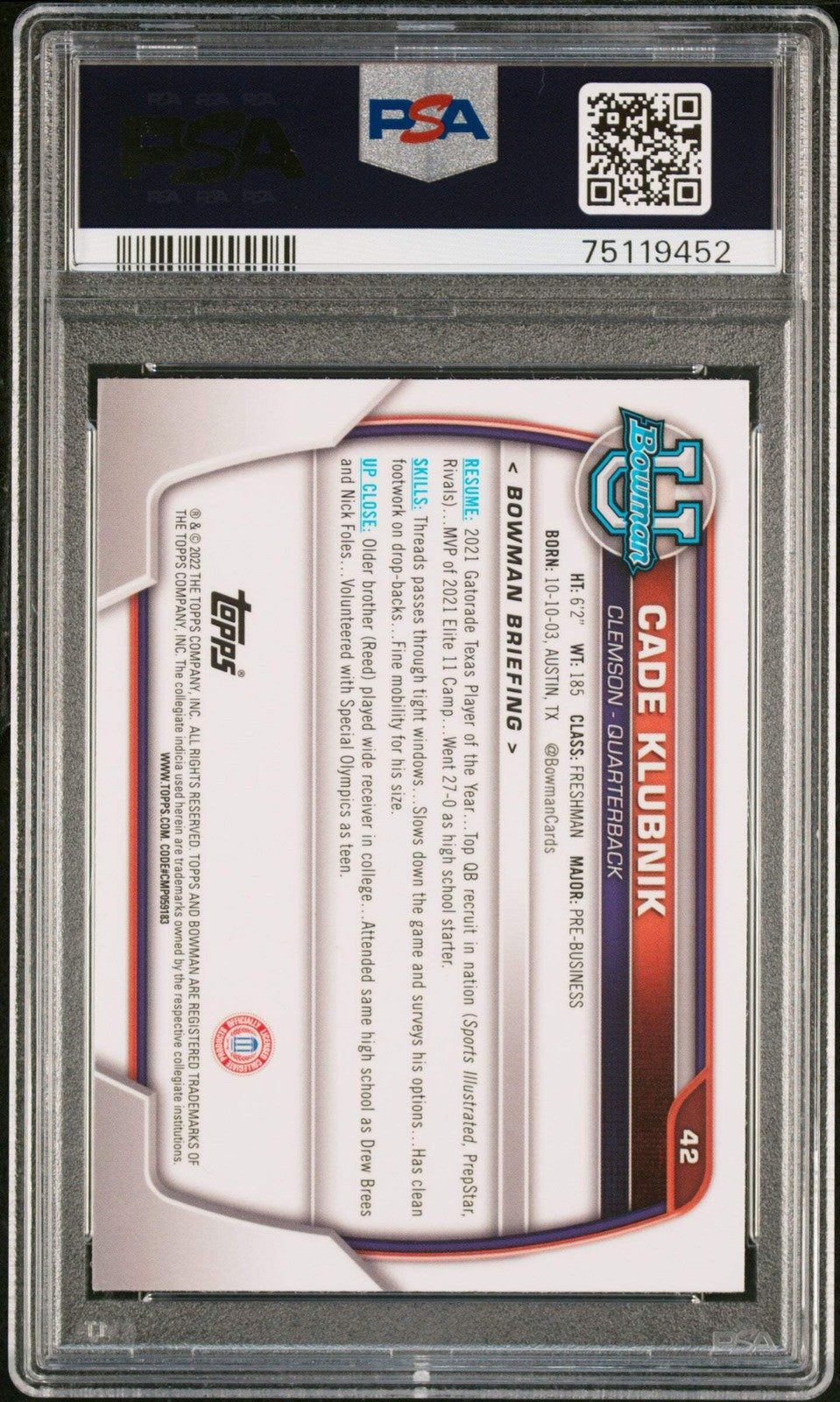 Graded 2022 Bowman University Cade Klubnik #42 Chrome RC Football Card PSA 10