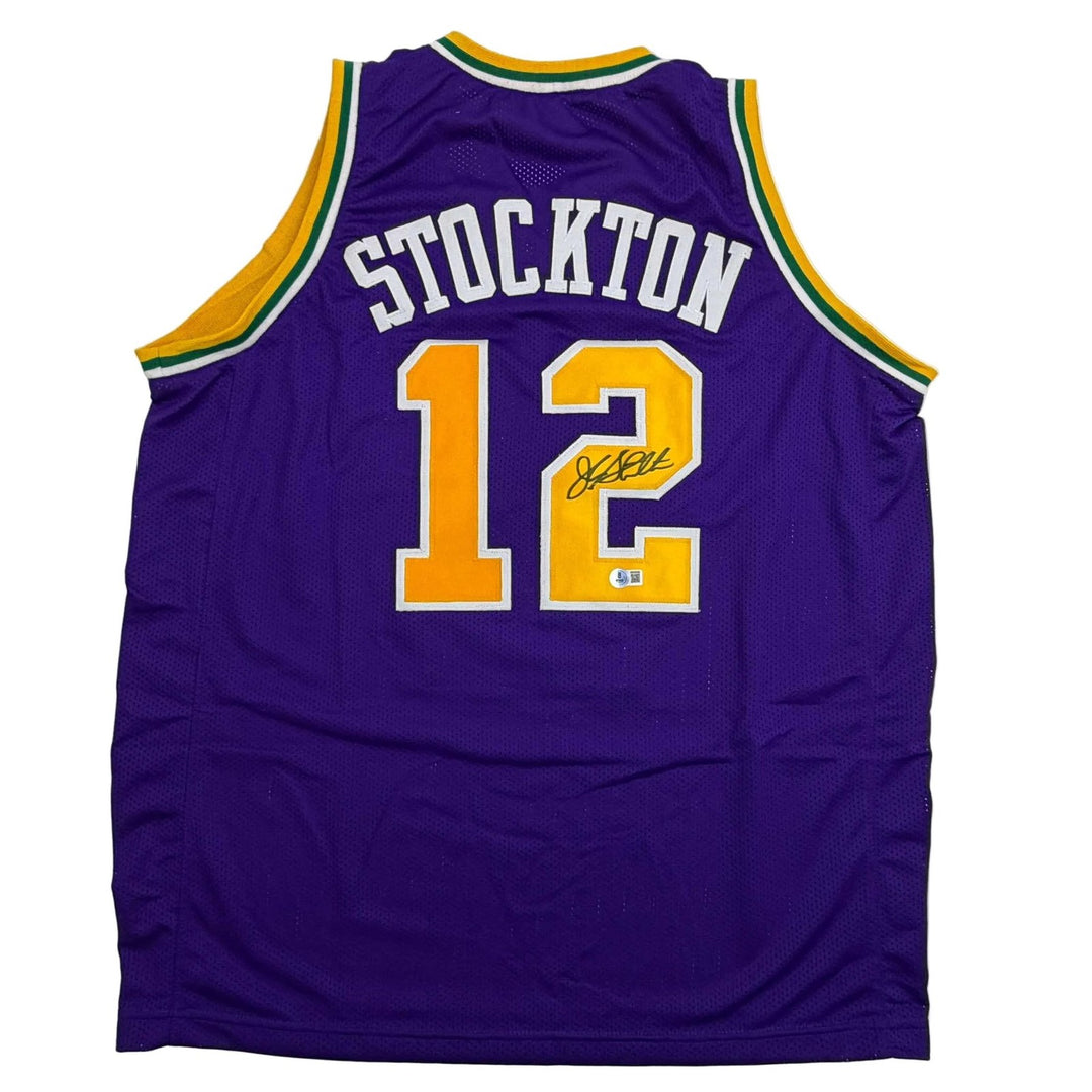 Autographed/Signed John Stockton Utah Purple Jersey Beckett BAS COA