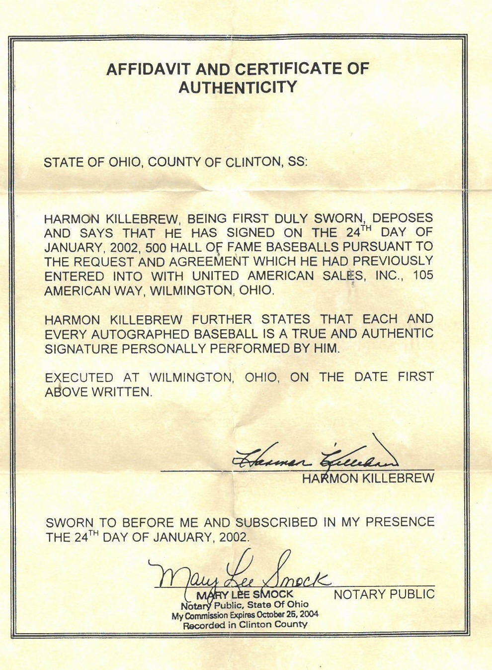 Harmon Killebrew signed Official Rawlings Major League Baseball HOF 84- COA