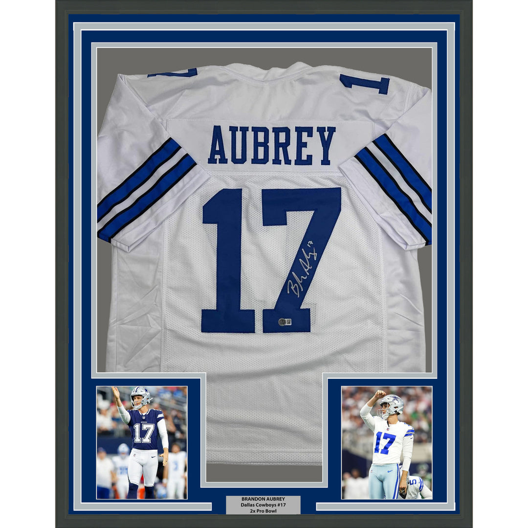 Framed Autographed/Signed Brandon Aubrey 35x39 Dallas White Jersey Beckett COA