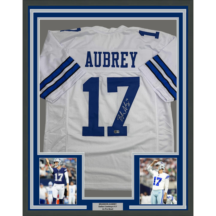 Framed Autographed/Signed Brandon Aubrey 35x39 Dallas White Jersey Beckett COA