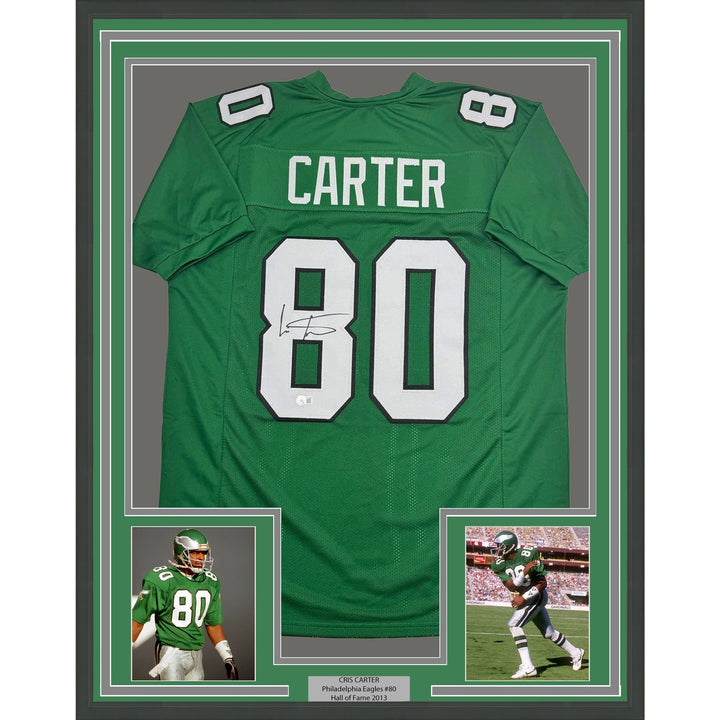 Framed Autographed/Signed Cris Carter 35x39 Kelly Green Jersey Beckett COA