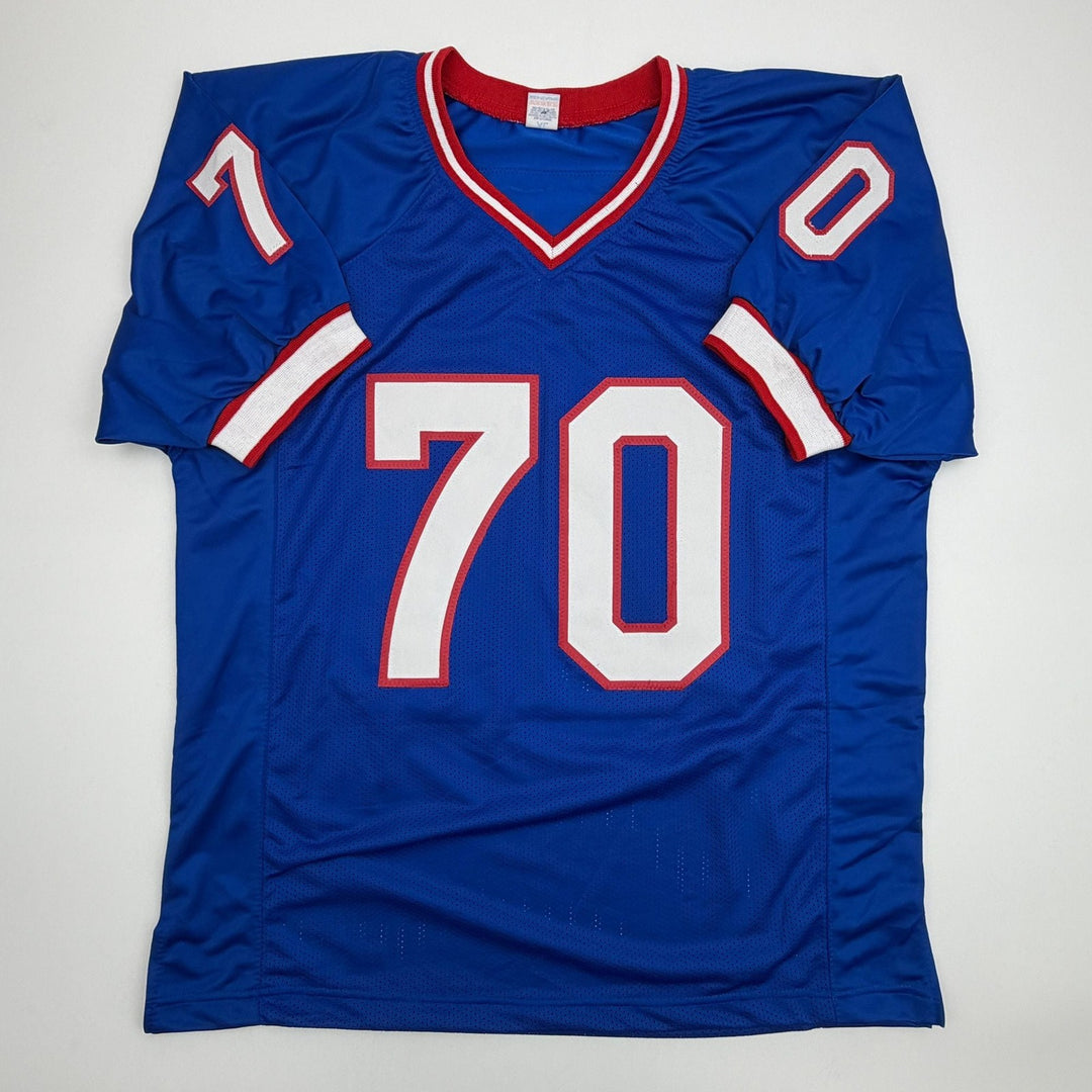 Autographed/Signed John Fina Buffalo Blue Football Jersey JSA COA