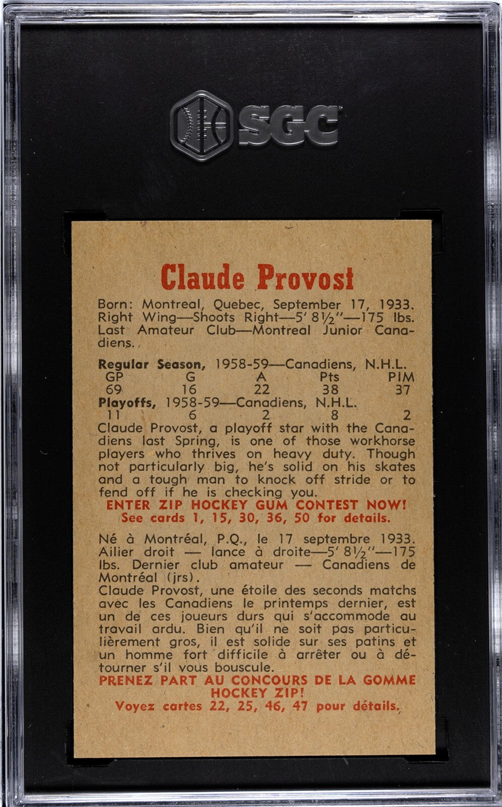 Claude Provost 1959-60 Parkhurst NHL Card #18- SGC Graded 6.5 EX-NM+ (Canadiens)