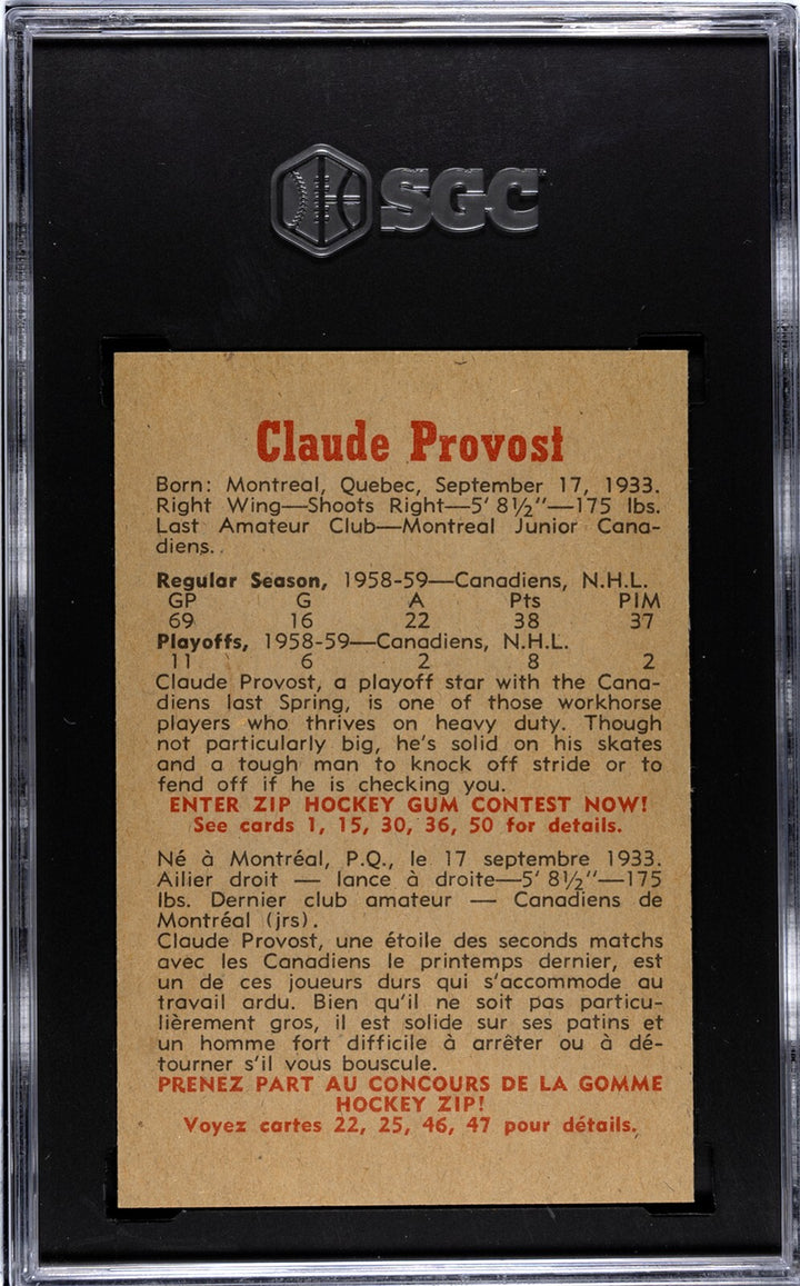 Claude Provost 1959-60 Parkhurst NHL Card #18- SGC Graded 6.5 EX-NM+ (Canadiens)