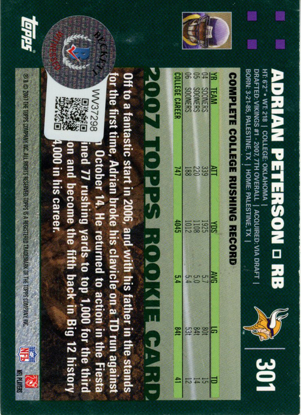 Adrian Peterson Autographed 2007 Topps #301 Trading Card ROY Beckett 38575