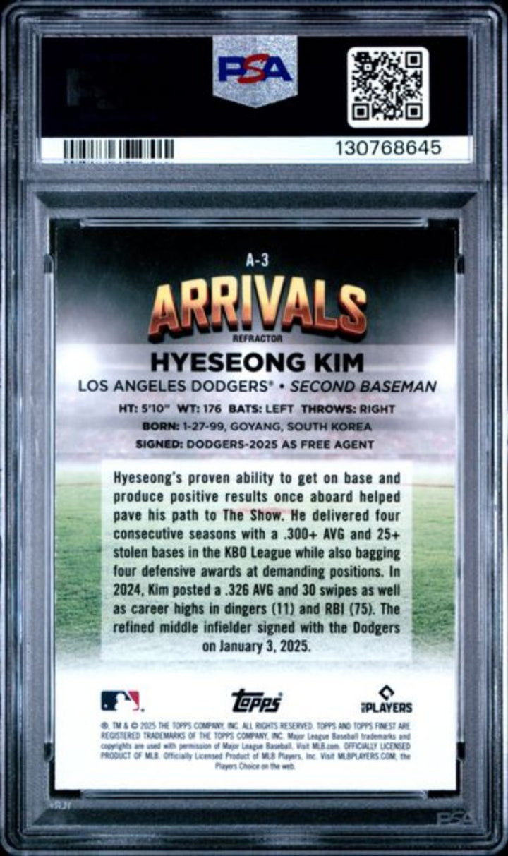 Graded 2025 Topps Finest Hyeseong Kim #A3 Arrivals Refractor Rookie Card PSA 10