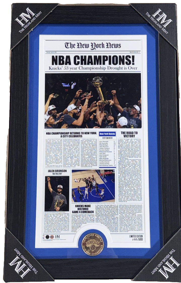2026 NBA Champions NY Knicks Newspaper Framed Photo Highland Mint Brunson MVP