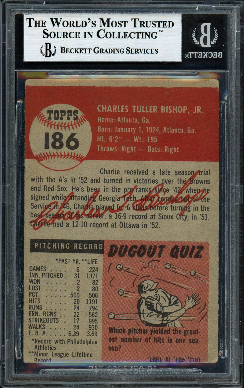 Charlie Bishop Signed 1953 Topps Rookie Card #186 Philadelphia A's Beckett