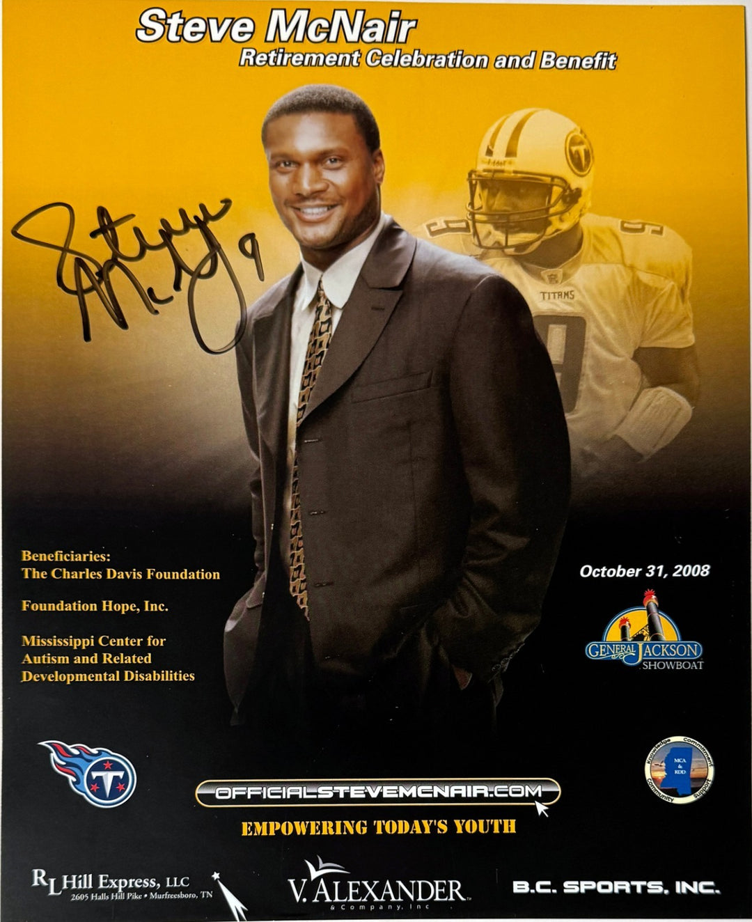 Steve McNair signed 2008 Retirement Celebration Benefit /Titans 8x10 Photo- BAS