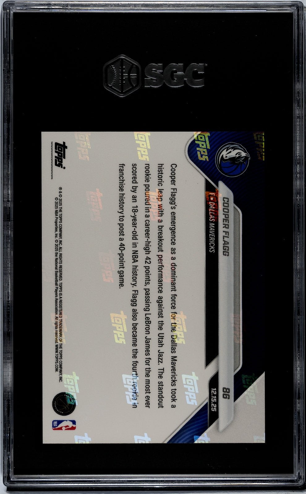 Graded 2025 Topps Now Cooper Flagg #86 Rookie RC Card SGC 10 Gem Mint